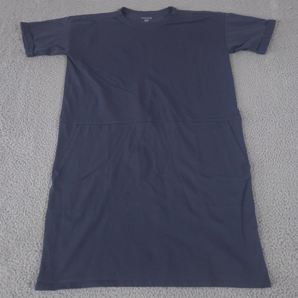 Eileen Fisher Dress Womens Small Navy Organic Cotton Pockets Shirt Loose Casual